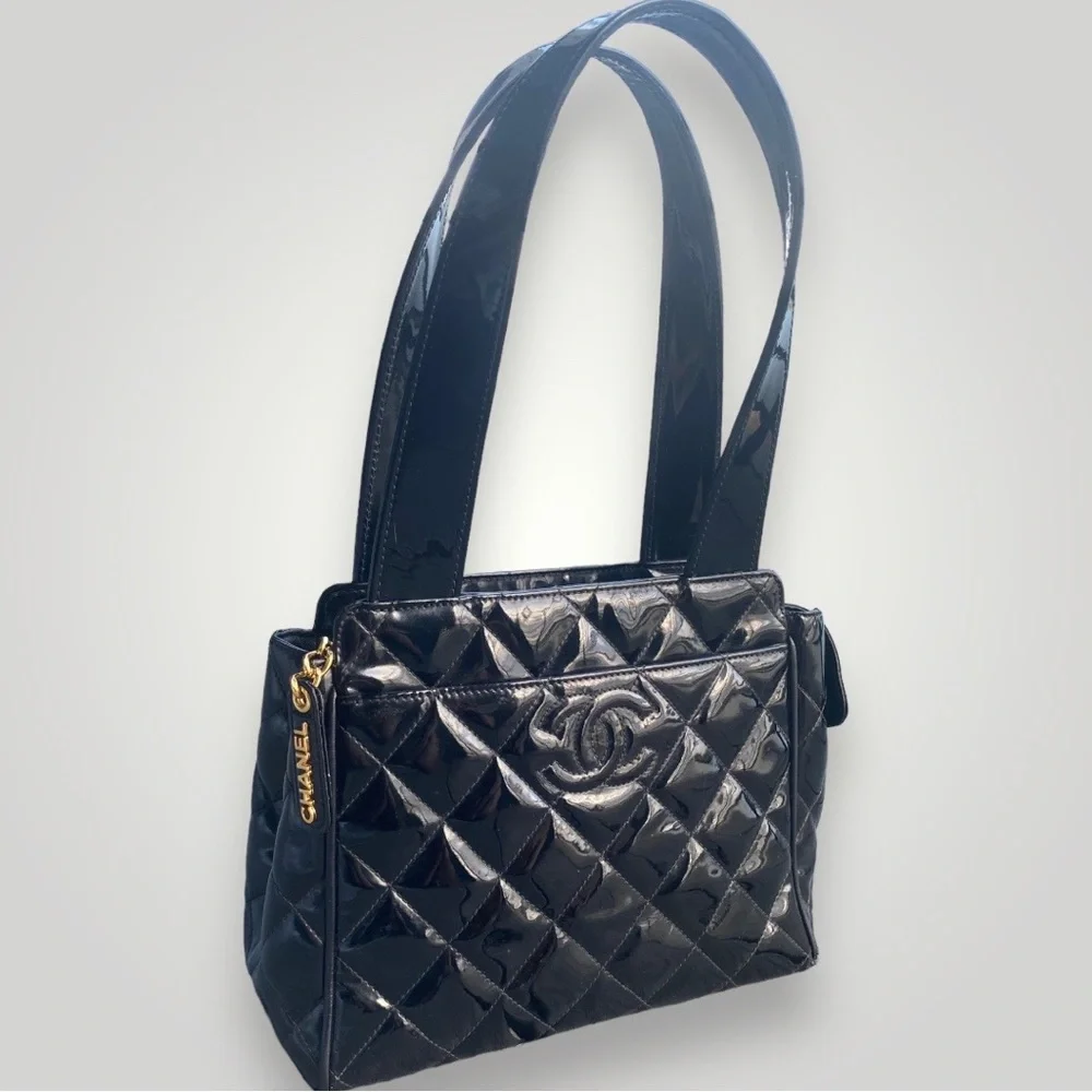 Chanel Black Patent Leather Diamond Quilt Mini Tote Bag